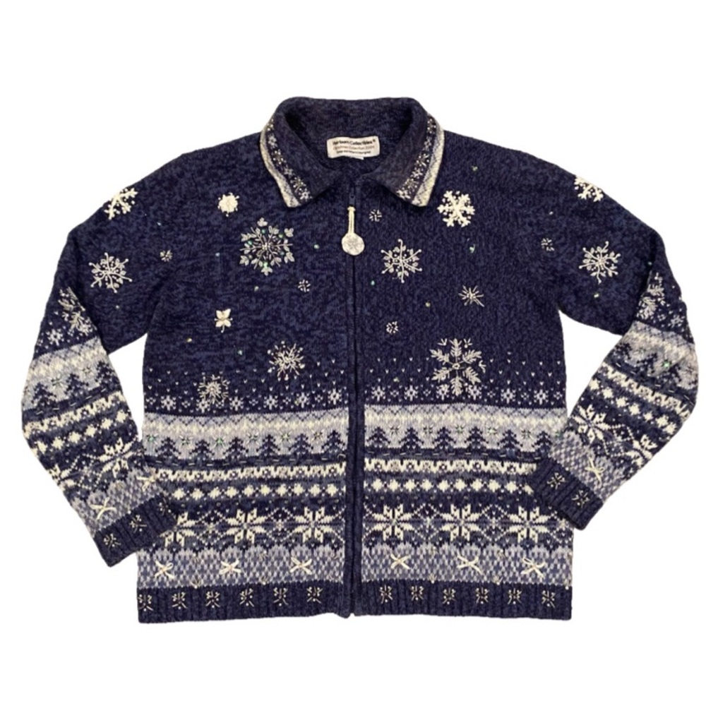 2004 Heirloom Collectibles Zip Christmas Knit Sweater Snowflake Women’s L *Read